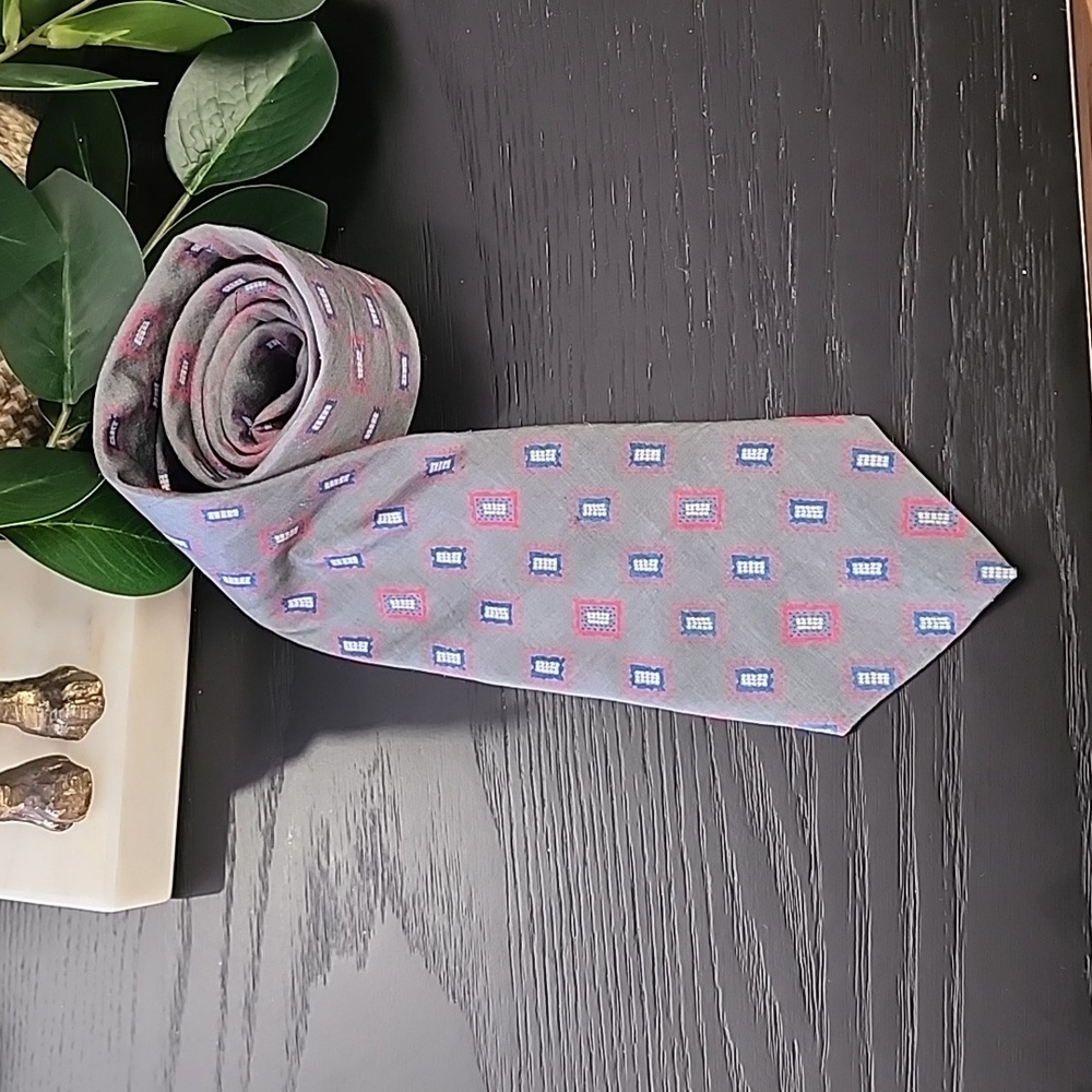 YSL VINTAGE 80s YVES SAINT LAURENT Mens Silk Tie Suit Gray Geometric Retro - Picture 4 of 13